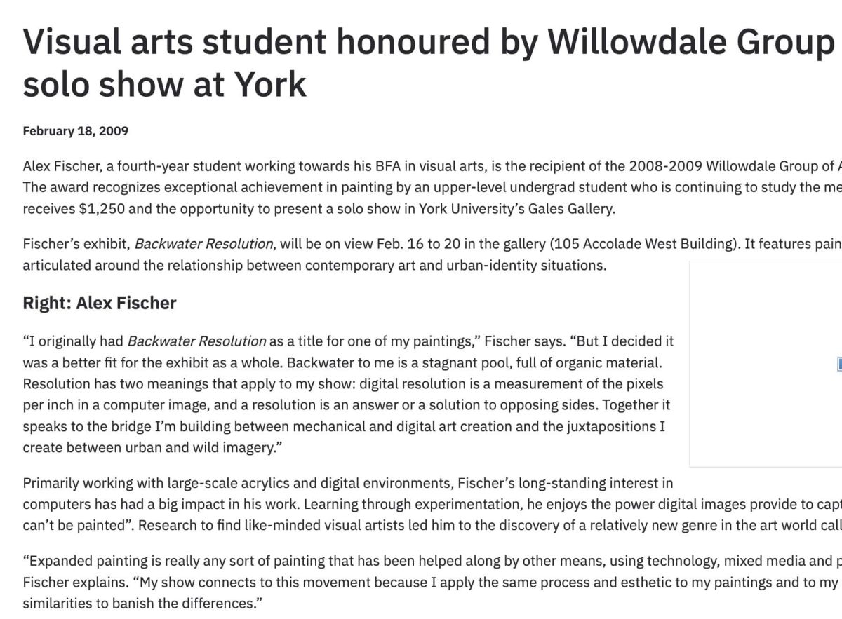Installation view, Visual arts student honoured by Willowdale Group launches solo show at York, 2009