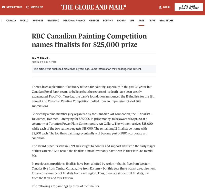 Installation view, 15 Artists are Finalists in RBC Canadian Painting Competition, 2016