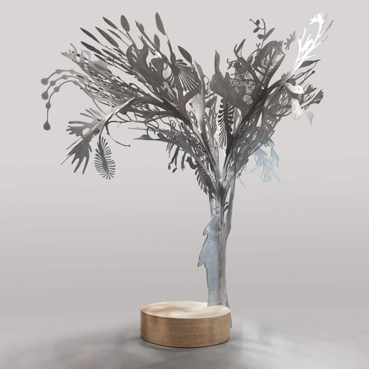 Alex Fischer &amp; Qavavau Manumie, Story Tree, 2020, 15 ft h &times; 15 ft ∅ aluminium tree, acrylic paint, pine base with steel counterweight