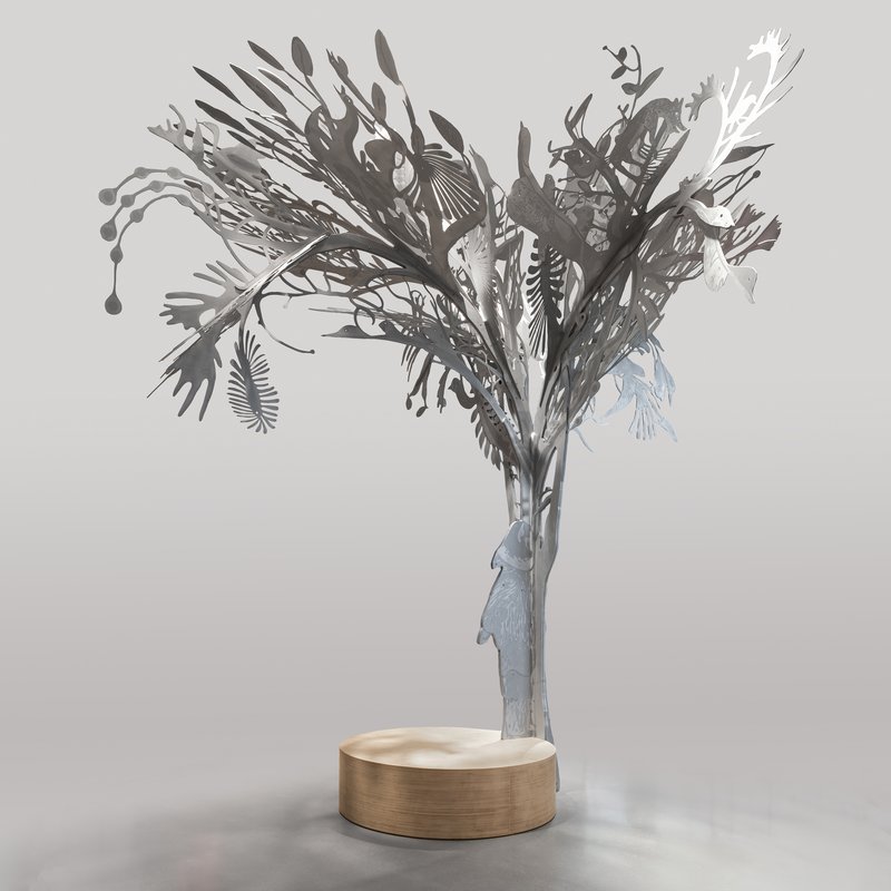 Alex Fischer &amp; Qavavau Manumie, Story Tree, 2020, 15 ft h &times; 15 ft ∅ aluminium tree, acrylic paint, pine base with steel counterweight