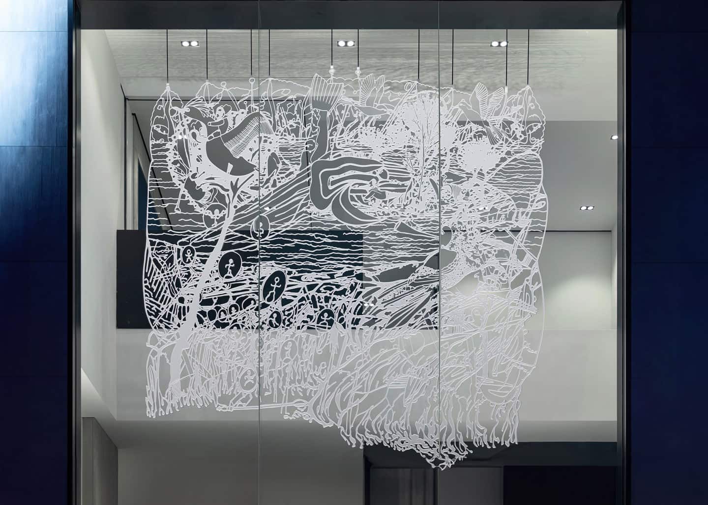 Alex Fischer &amp; Qavavau Manumie, ᐃᒻᒪᕕᒻᒥ Upon the Sea 海上, 2021, ≅15'×15' water cut aluminium, white paint. on display at iAPM, Shanghai, China